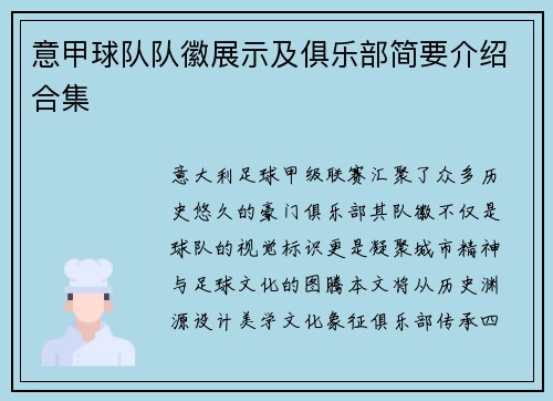 意甲球队队徽展示及俱乐部简要介绍合集